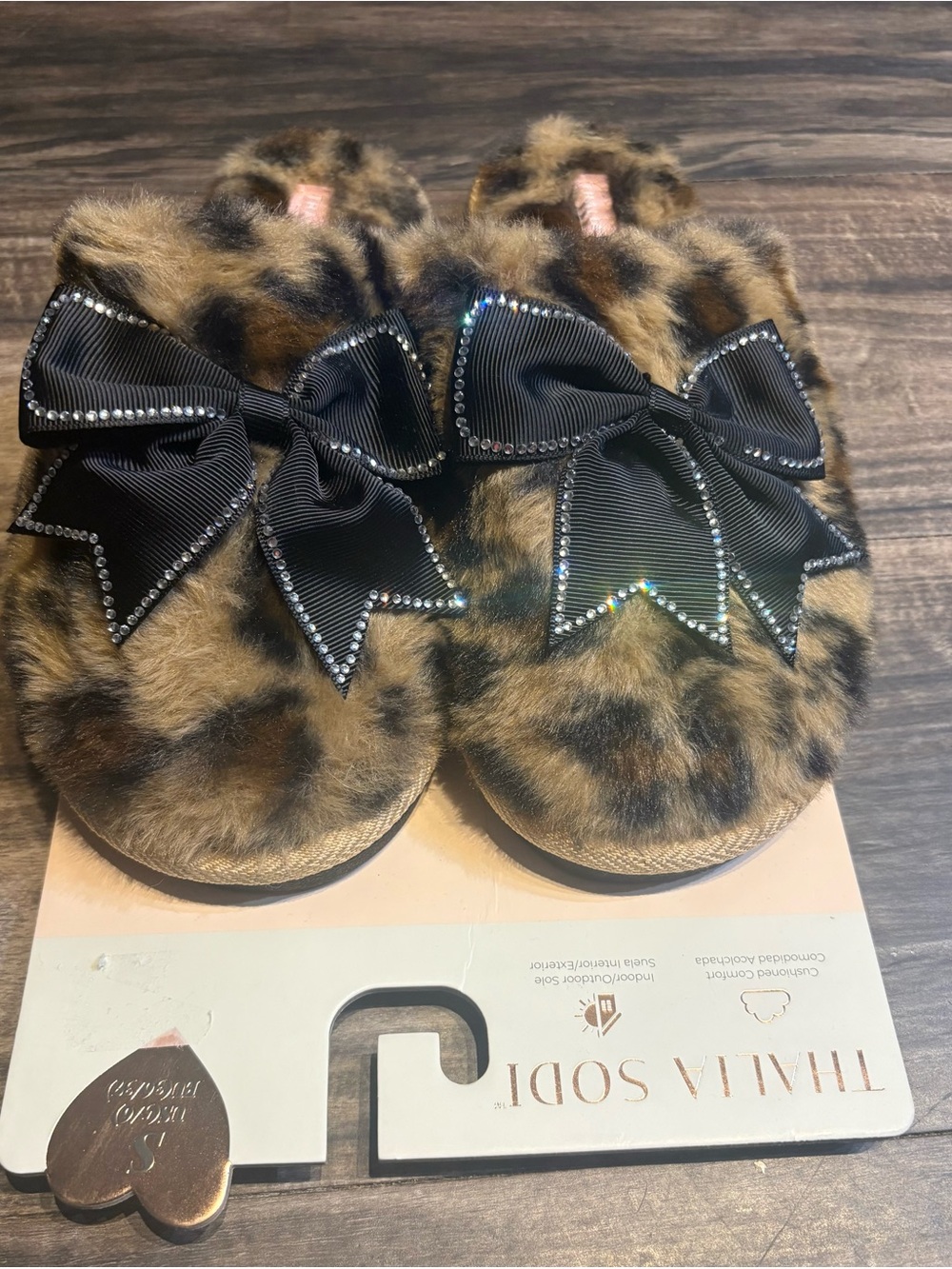 Thalia Sodi Ladies Leopard Slippers with Black Bow and Rhinestones